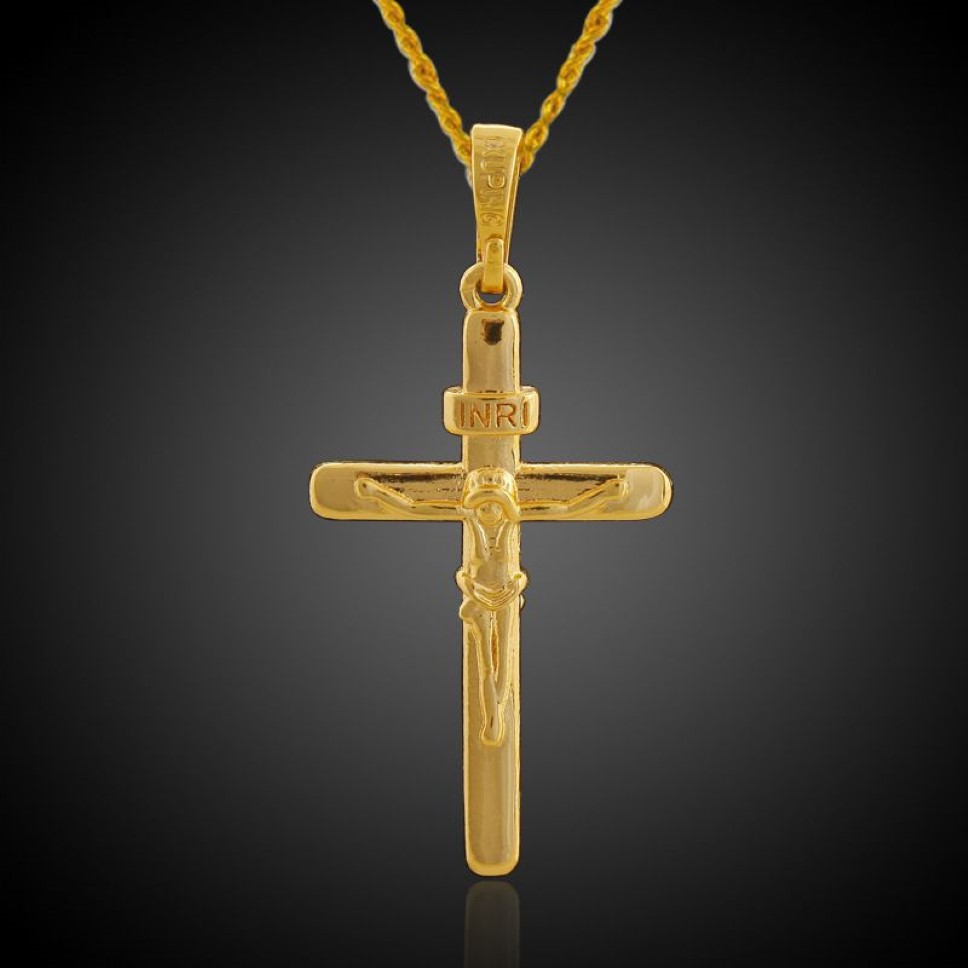 Klassiska smycken Jesus Cross Pendant 18K Yellow Gold Filled Crucifix Pendant Chain2988