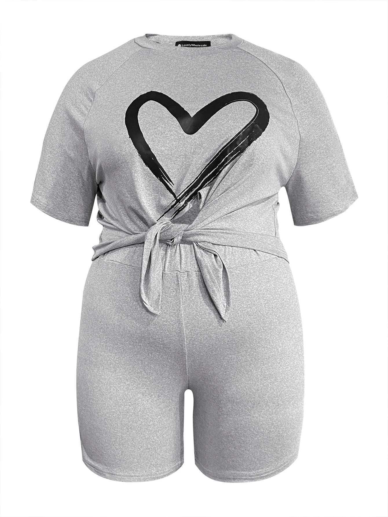 Pantalon de deux pièces pour femmes LW plus taille de coeur à cœur Sortie partagée avant surdimension surdimensive T-shirt coul