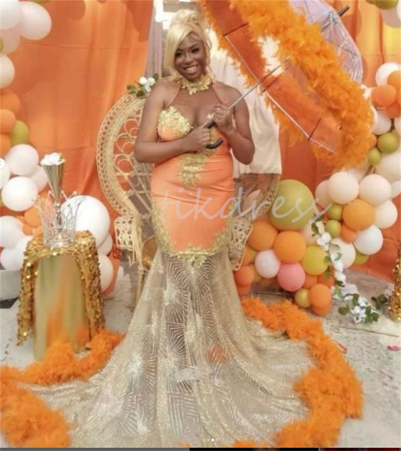 Orange Prom -klänningar för svarta kvinnor Luxury Feather Mermaid African Evening Gown Sequin Plus Size Formell klänningsapplikationer Spets ärmlös Se genom födelsedagsfest