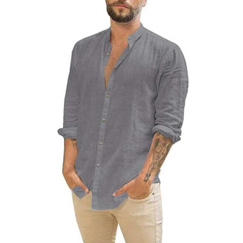 5i0z Herren-Freihirthemden Baumwolle Heißverkauf Herren Langarmer Sommer Solid Color Stand-up Kragen Strand Style Plus Size 24416