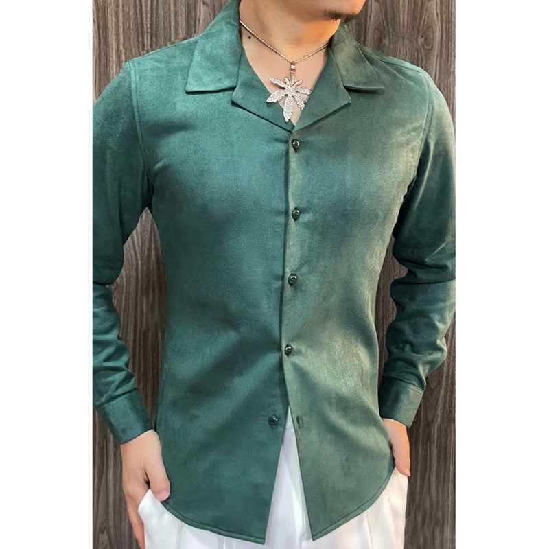 Men's Casual Shirts Spring Cuban Collar Long Sleeve Shirt For Men British Luxury Solid Color Business Formal Dress Camisa Hombre 240416