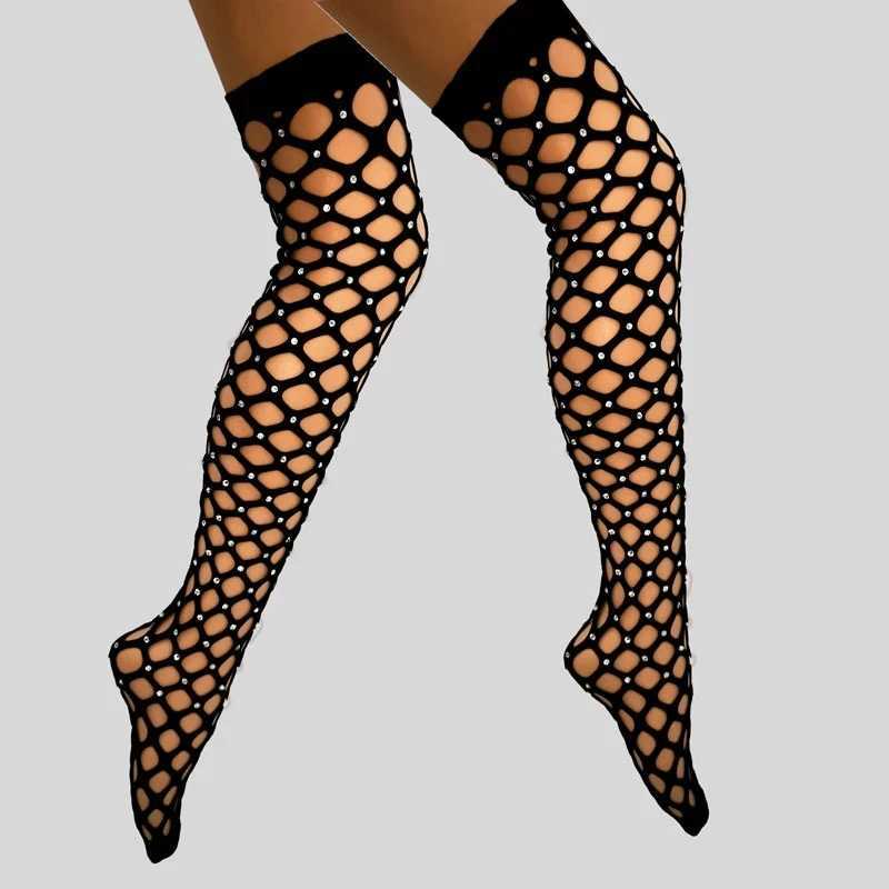 Sexiga strumpor Sexig kvinna Crystal Glitter lår med hög strumpor Rhinestone Fishnet Pantyhose Diamond Tights Over Knee Socks Black Socks Lingerie 240416