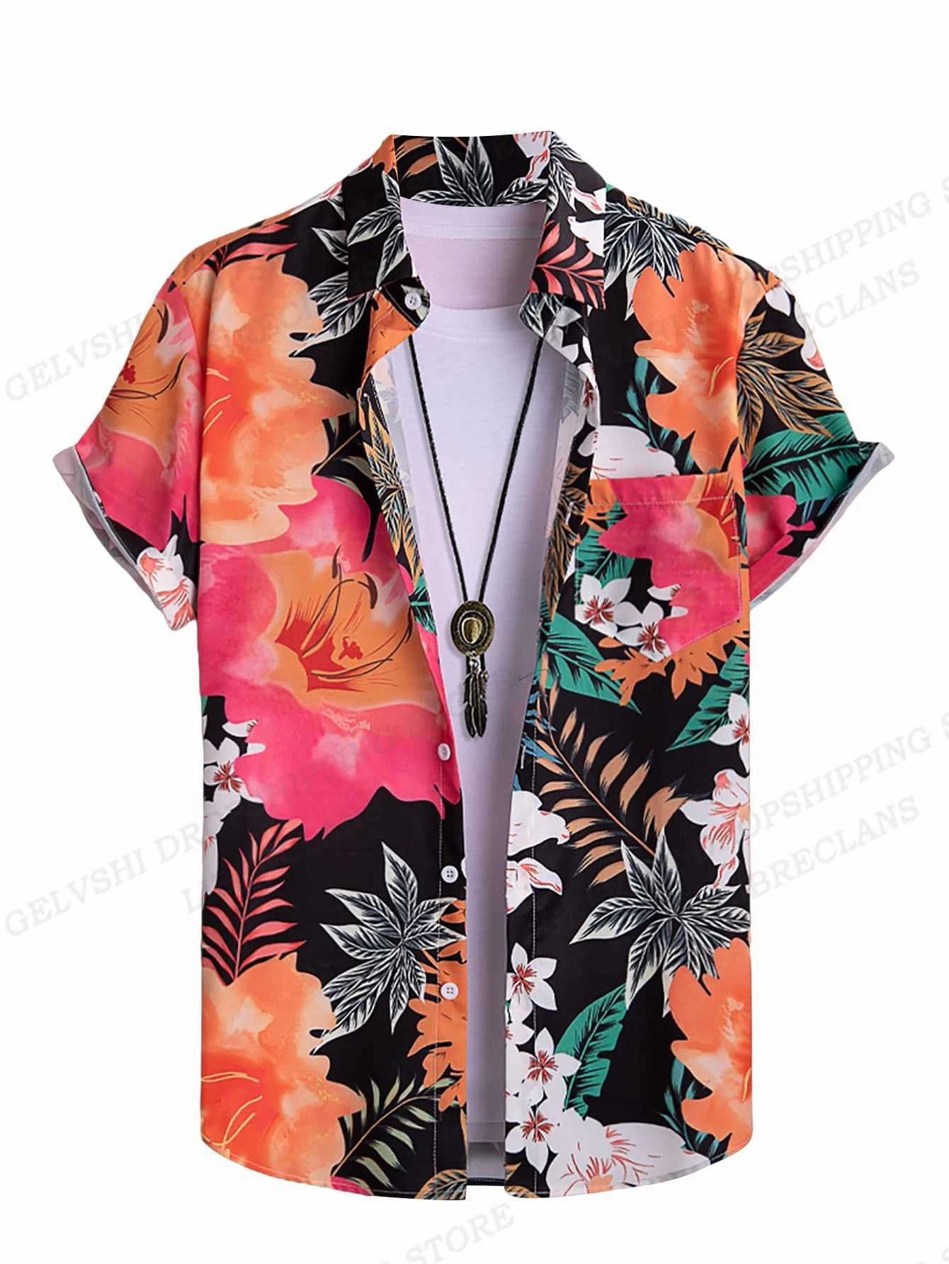 Men's Casual Shirts Floral Mens Fashion Hawaiian Camp Vocation Beach Blouse Cuba Lapel Shirt Turn-down Aloha Clothing 24416