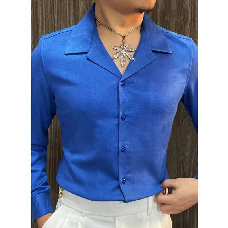 Men's Casual Shirts Spring Cuban Collar Long Sleeve Shirt For Men British Luxury Solid Color Business Formal Dress Camisa Hombre 240416