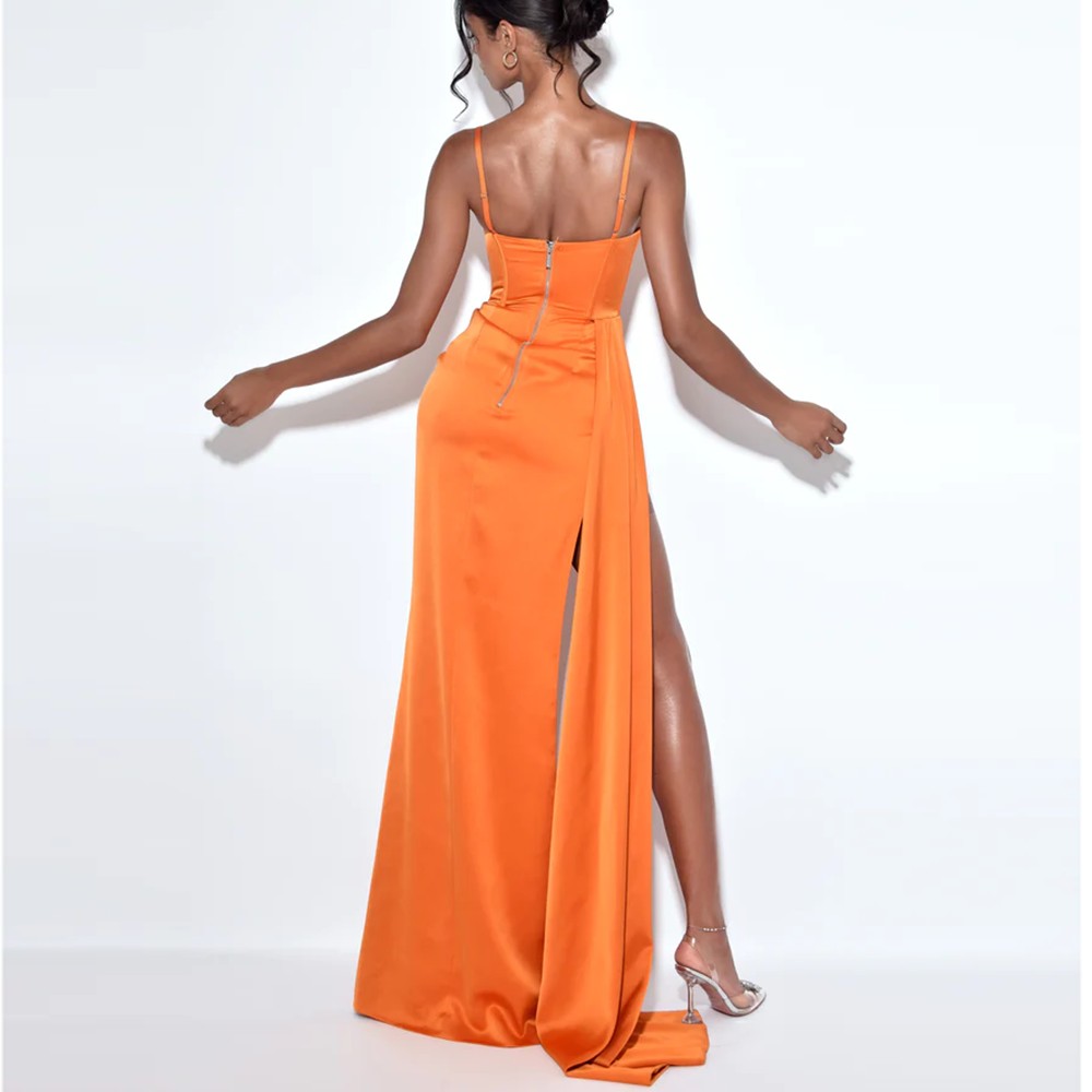 Orange Spaghetti Straps Formella aftonklänningar Sexig lår split Ruched Satin Elegant Women Special Tillfälle Partyklänningar Long Mermaid Vestidos Prom Dress CL348