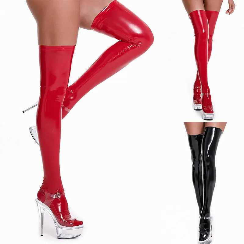 Sexiga strumpor kvinnor sexig pole dance club party hosiery mode olja blankt patent läder lår höga strumpor plus storlek våtlook latex strumpor 240416