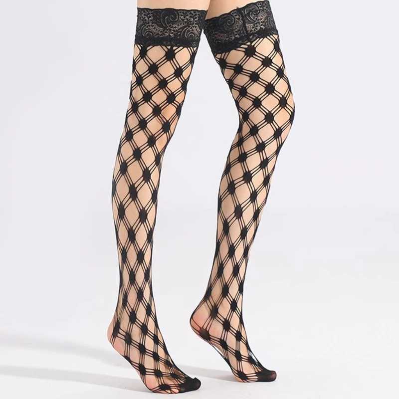 Sexy Socks Women Sexy Fishnet Thigh High Stockings with Silicone Lace Top Stay Up Tights Diamond Plaid Floral Patterned Mesh drop shipping 240416