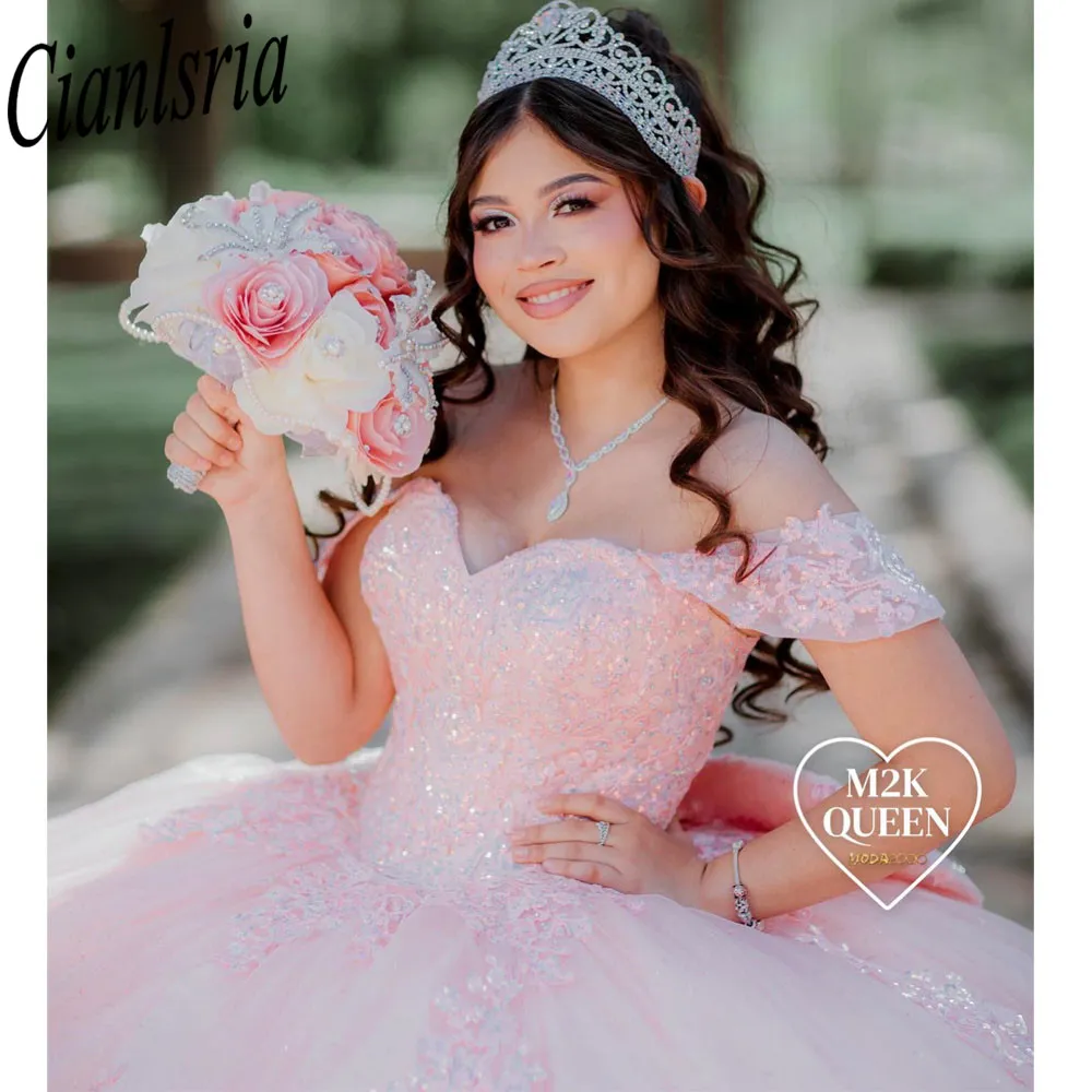 2024 Abiti di quinceanera rosa messicano lucido con applique floreali 3D Vestidos XV anos Sweet 16 Evening Robe de Soiree