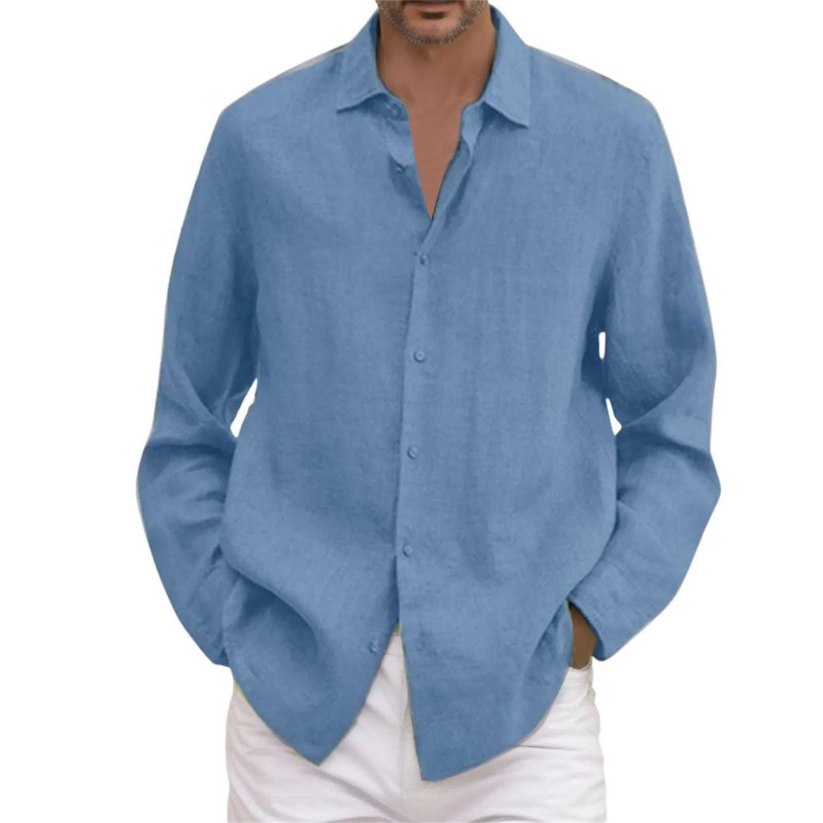 Men's Casual Shirts Men Cotton Linen Shirt Spring Summer Oversized Long Sleeve Breathable Solid Color Turn Down Collar Business Blouses Male 240416