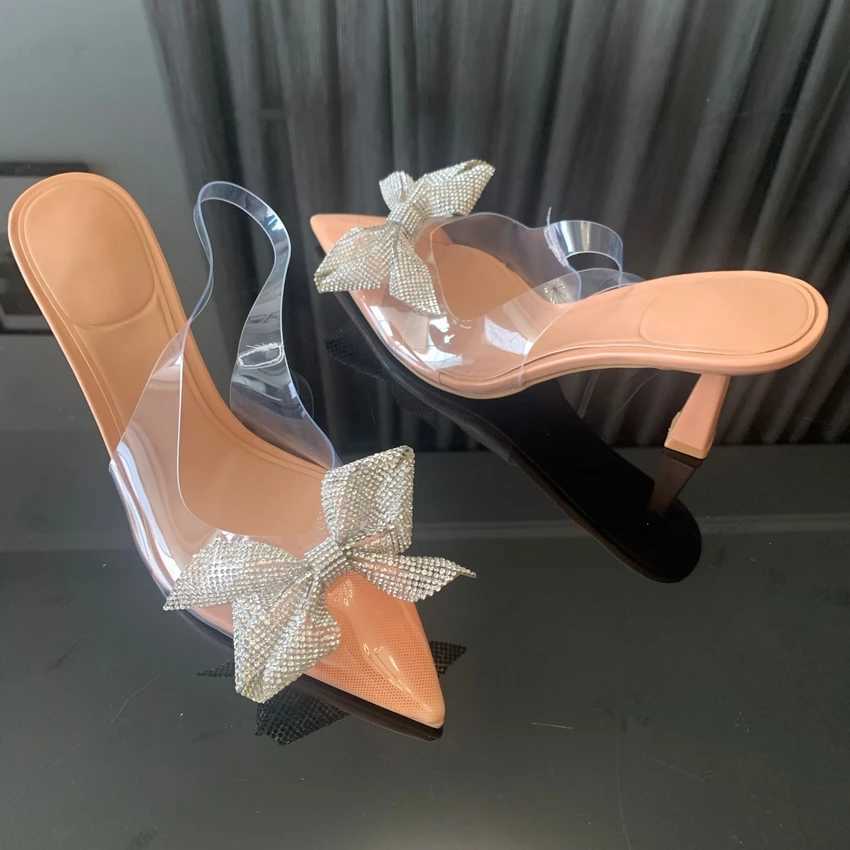 Slipare Transparent Womens High Heels 2024 Summer Dot Heel Sandals Fashion Bow Sling Pump Womens Slim High Heels J240416