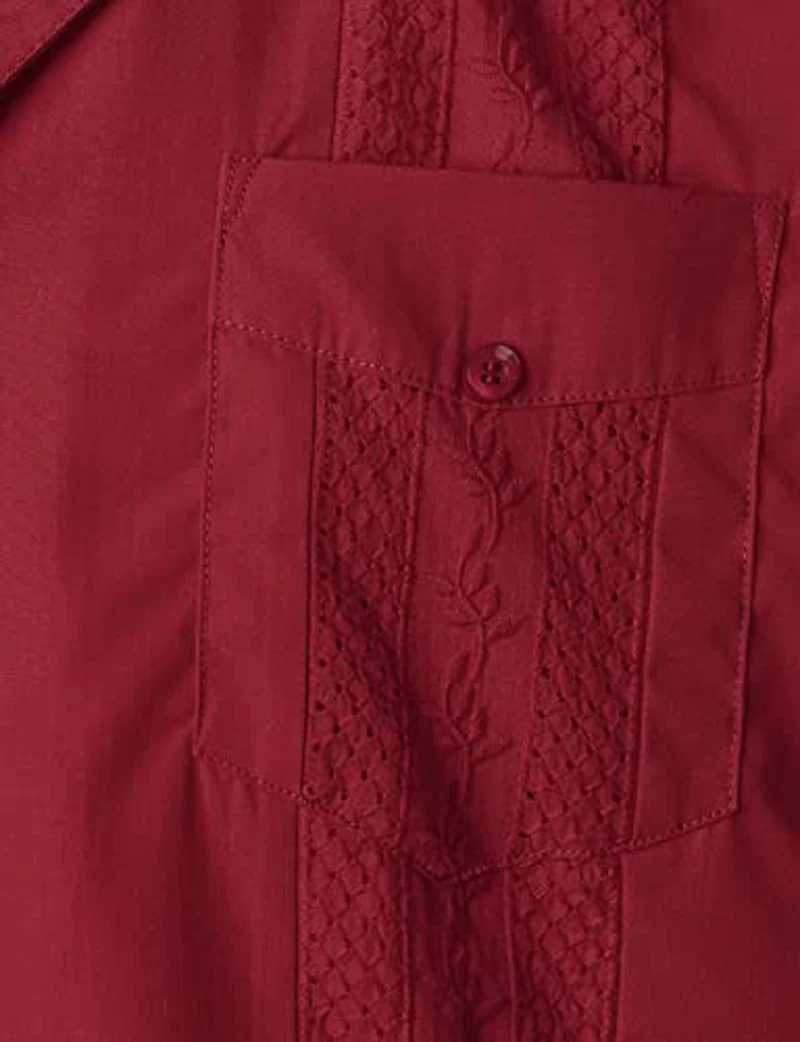 Men's Casual Shirts Wine Red Four-Pocket Cuban Guayabera Shirt Men Short Sleeve Camp Collar Male Embroidered Mexican Cigar Wedding Beach 240416