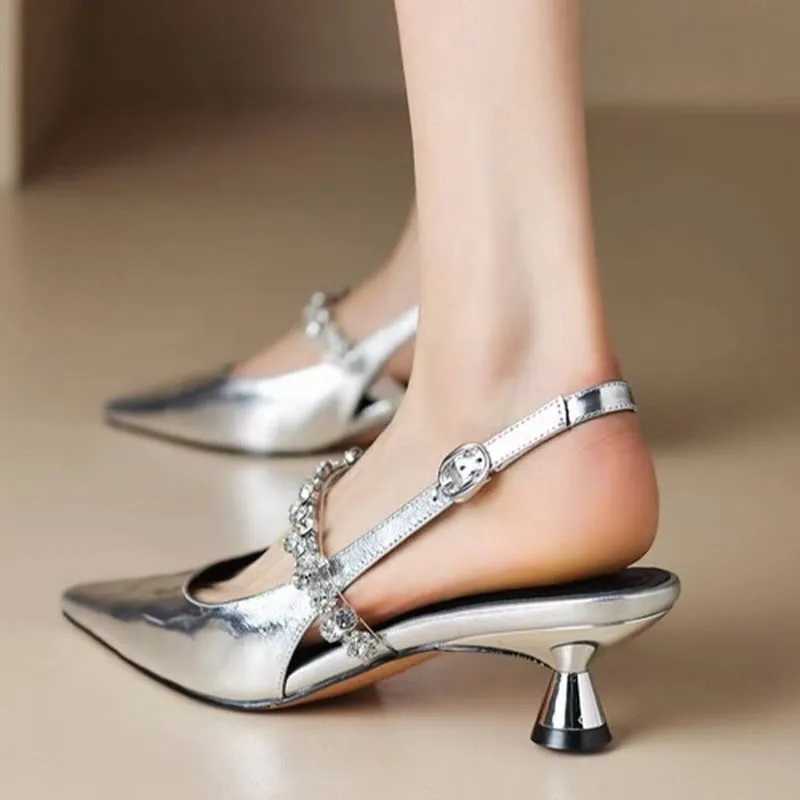 Сандалии летние женские серебряные серебряные спинки сандалии на высоких каблуках страза Мария Джейн обувь женская температура стропа золотой насос J240416