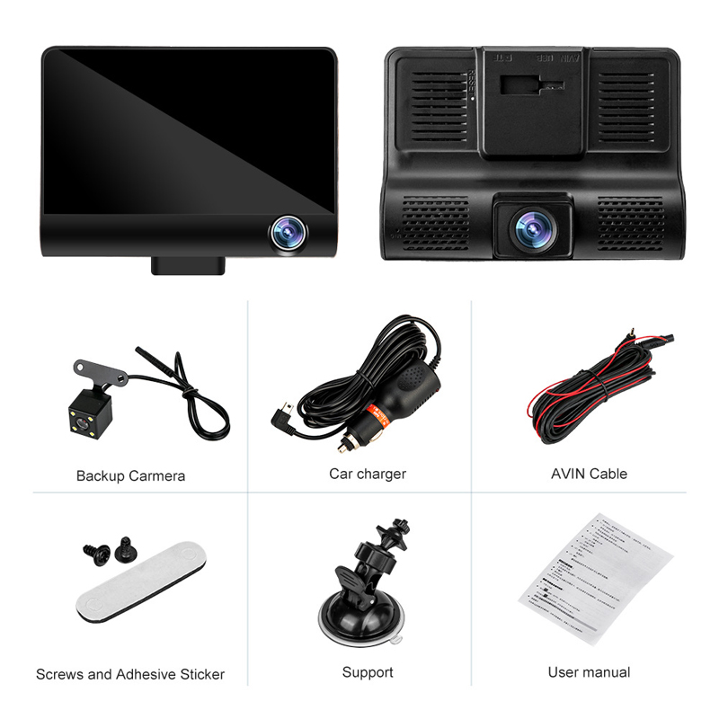 C2 구동 레코더 자동차 DVR HD 1080p 3 렌즈 4 인치 170도 후방보기 주차 감시 카메라 자동 비디오 모션 감지