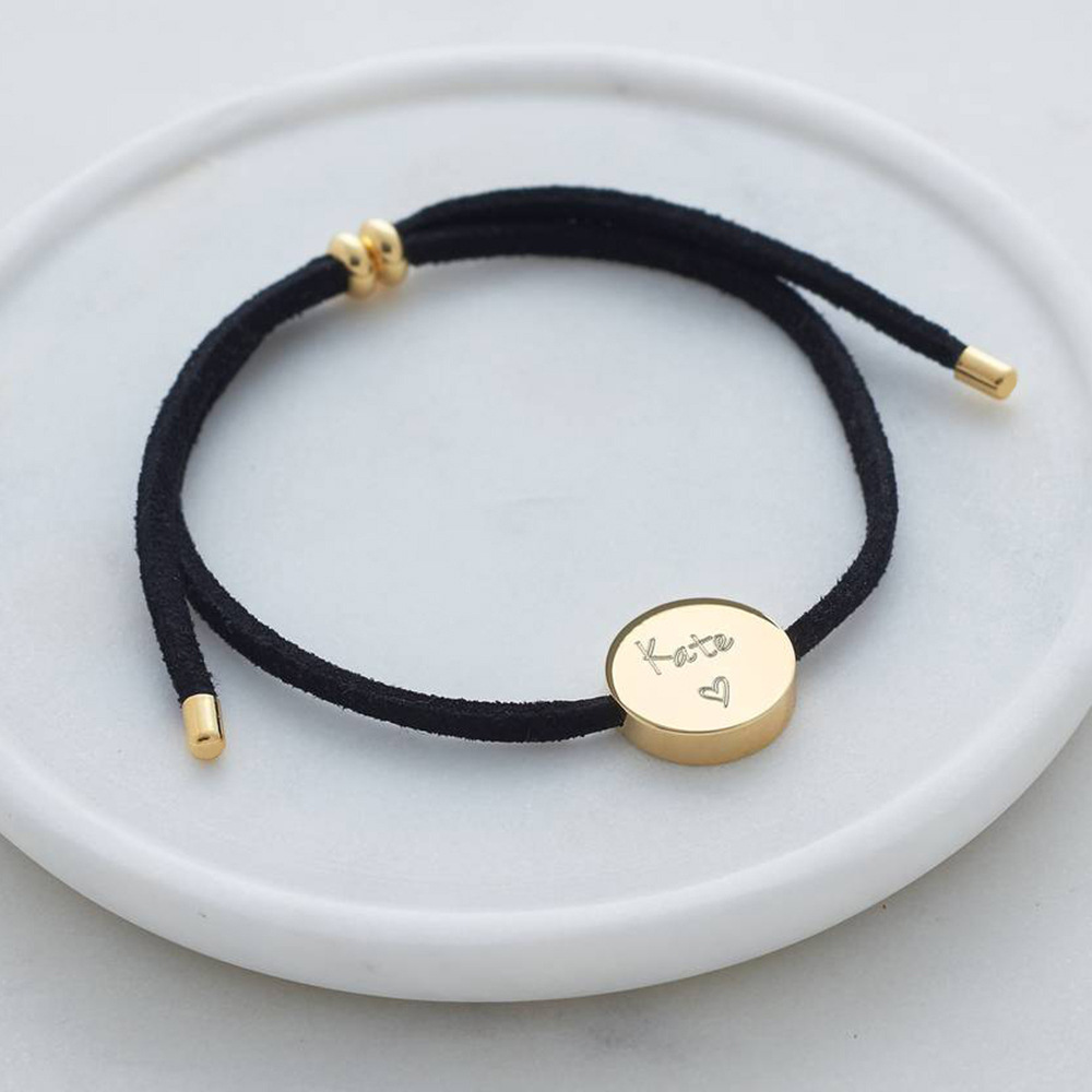 Suede Cord Name Bracelet Silver Gold or Rose gold plated Date Bracelet Engraved disc blank bracelet, personalized women Bracelet