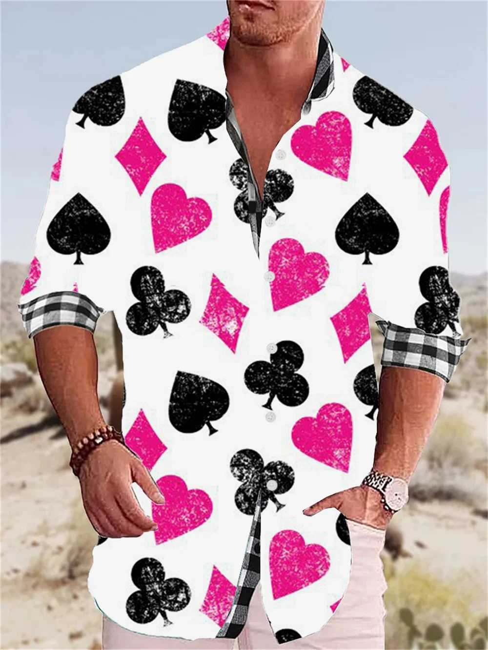 Mäns casual skjortor Spring/Summer Mens Poker Graffiti Shirt Fashion Trend Högkvalitativ mjuk och bekväm tyg Polo Neck Plus Size 24416