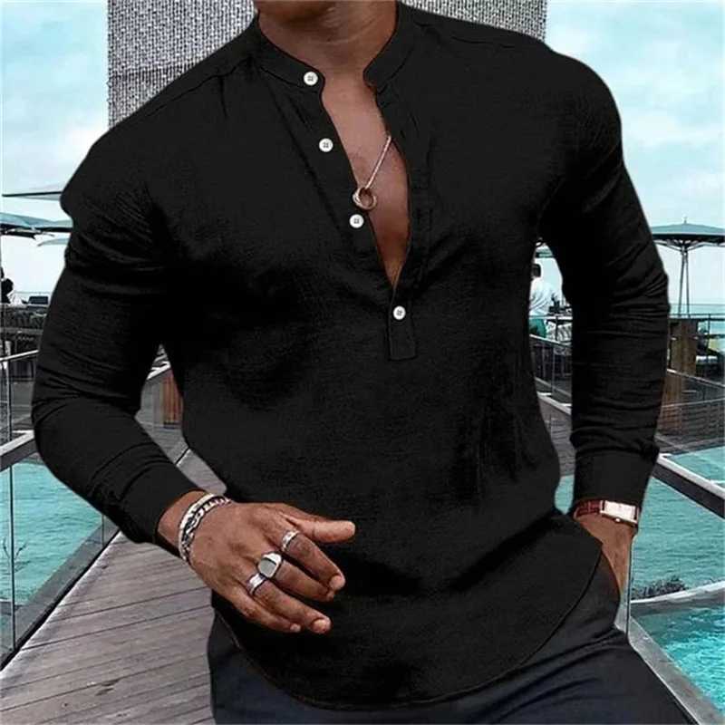 Men's Casual Shirts 2024 Mens Comfortable Loose Undershirt Solid Color Long Sleeve Stand Collar Shirt Fashion Design 24416