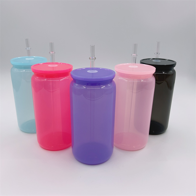 Jelly Color 16oz Plastik Dose Tassen Unbreakablea Acryl Tumbler wiederverwendbares BPA Free Sippy Tasse Trinken Kaltgetränke Becher mit Deckel Strohhalmen für UV -DTF -Wraps