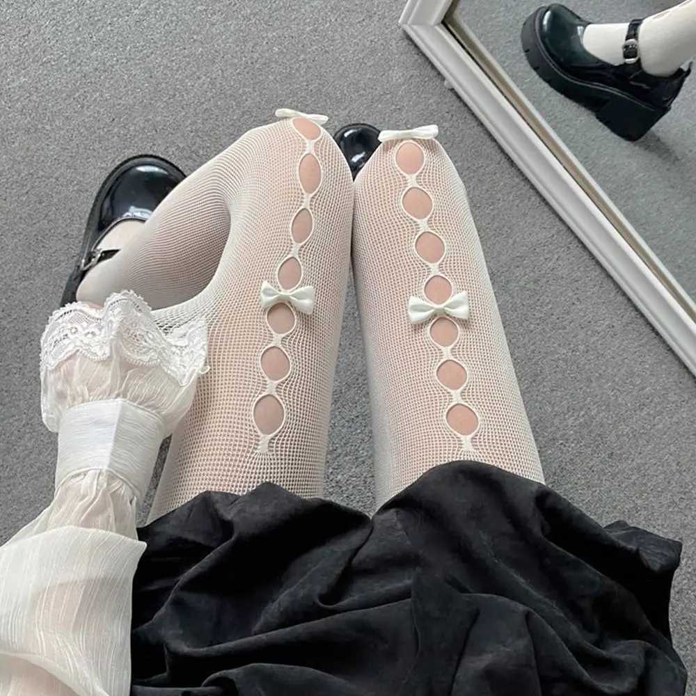 Sexy sokken witte lolita cosplay sokken schattige bowknot sexy gaas kousen kanten holle panty panty prolple bodem goth bloemen panty 240416