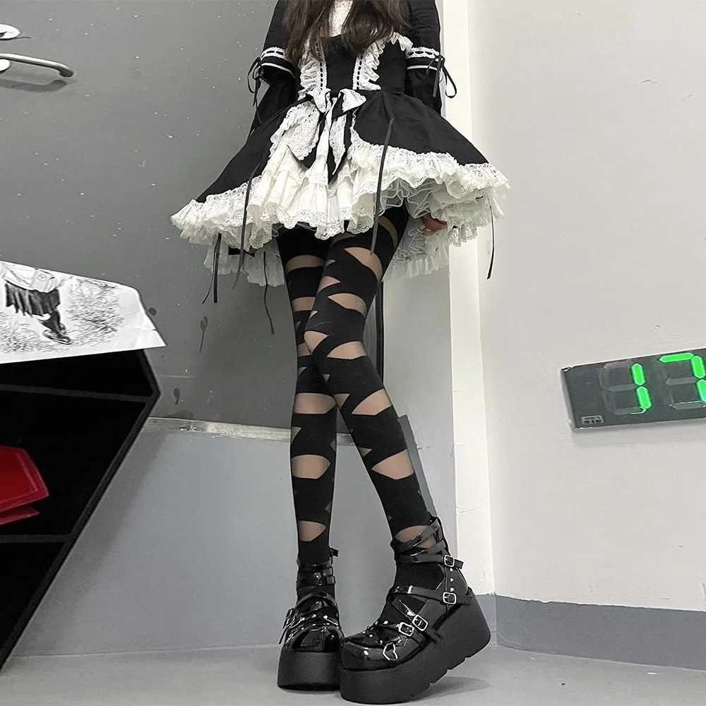 Sexy Socks Lolita Bandage Soft Velvet Tights Women Gothic Sexy Cross Strap Bottom Stockings Punk Emo JK Cosplay Cute Girls Hosiery 240416