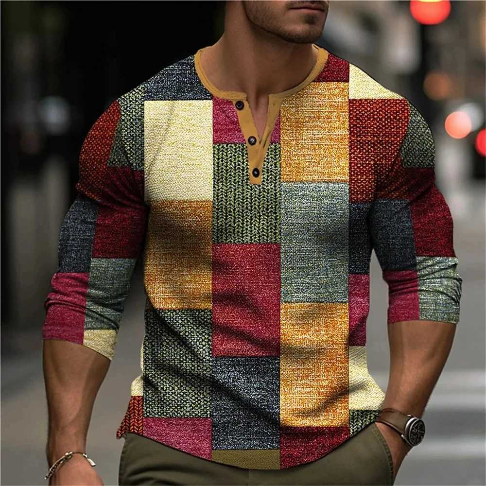 Erkekler Sıradan Gömlekler Vintage Renk Bloğu Patchwork 3D Baskı Henley Mens Moda Düğmesi Uzun Kollu Tişört Üst Kıyafetler 24416