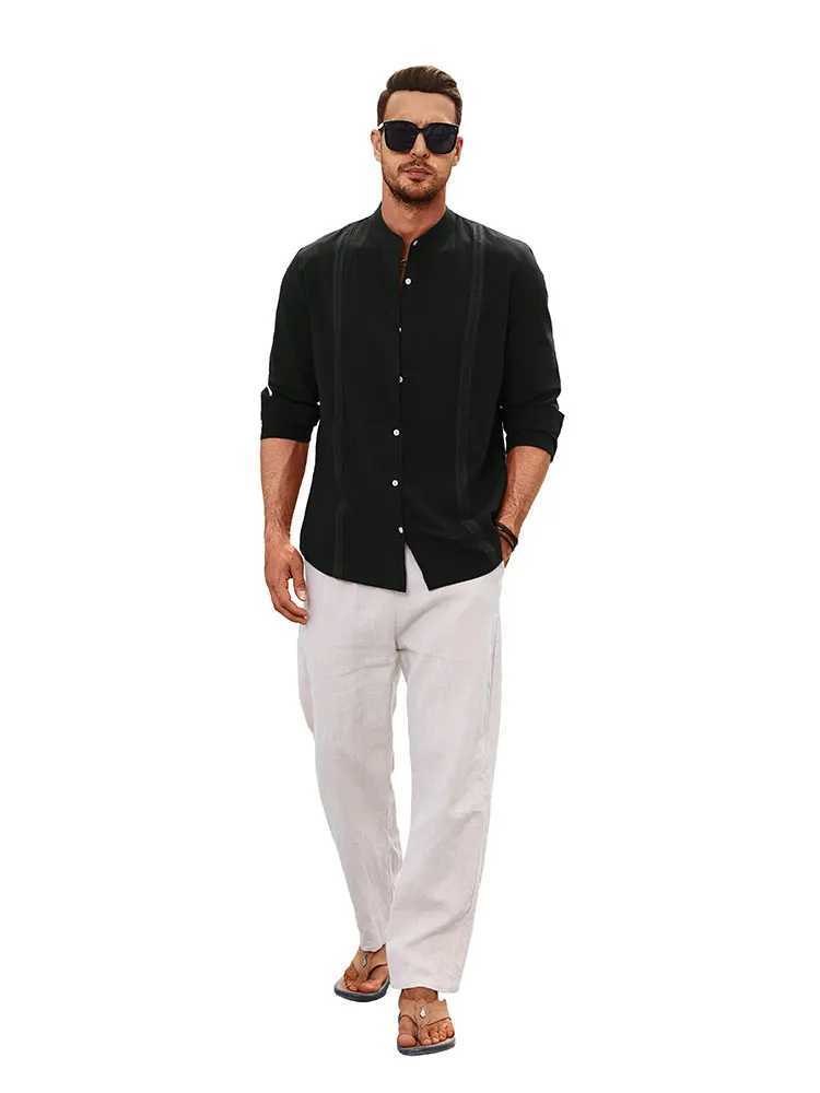 Camisas casuais masculinas masculam o botão de linho de guayabera para baixo para baixo para a manga da banda colar