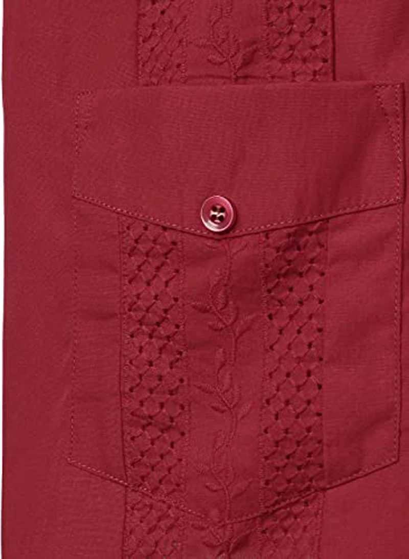 Men's Casual Shirts Wine Red Four-Pocket Cuban Guayabera Shirt Men Short Sleeve Camp Collar Male Embroidered Mexican Cigar Wedding Beach 24416