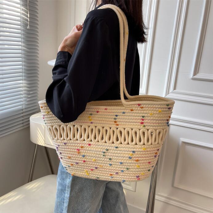 Shoulder bag hollow woven cotton bag new summer large capacity French straw bag beach holiday bag female