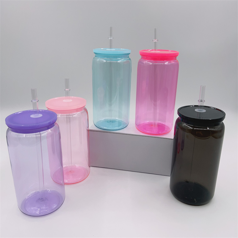 Helder gekleurde 16 oz plastic blikjes cups unbreakablea acryl tumbler herbruikbare bpa gratis sippy cup drink koude drank mokken met deksels rietjes voor UV DTF -wraps