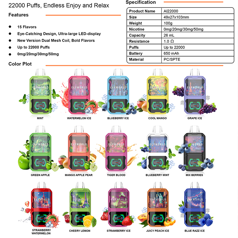 Authentieke elfworld 22000 Puffs Wegwerpvape Dual Pods 22k 26ml voorgevulde Desechable E Sigaret 15 Flavours Pod Device LED -scherm Luchtstroom Verstelbaar Boost -model