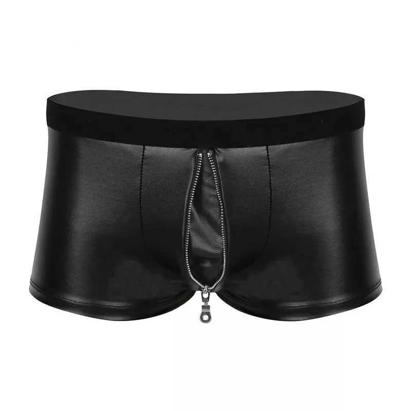 Sexiga strumpor herrar sexig öppen gren läder korta byxor för sex dragkedja crotchless mjuk patent läder fetisch boxer erotiska heta byxor sexi 240416