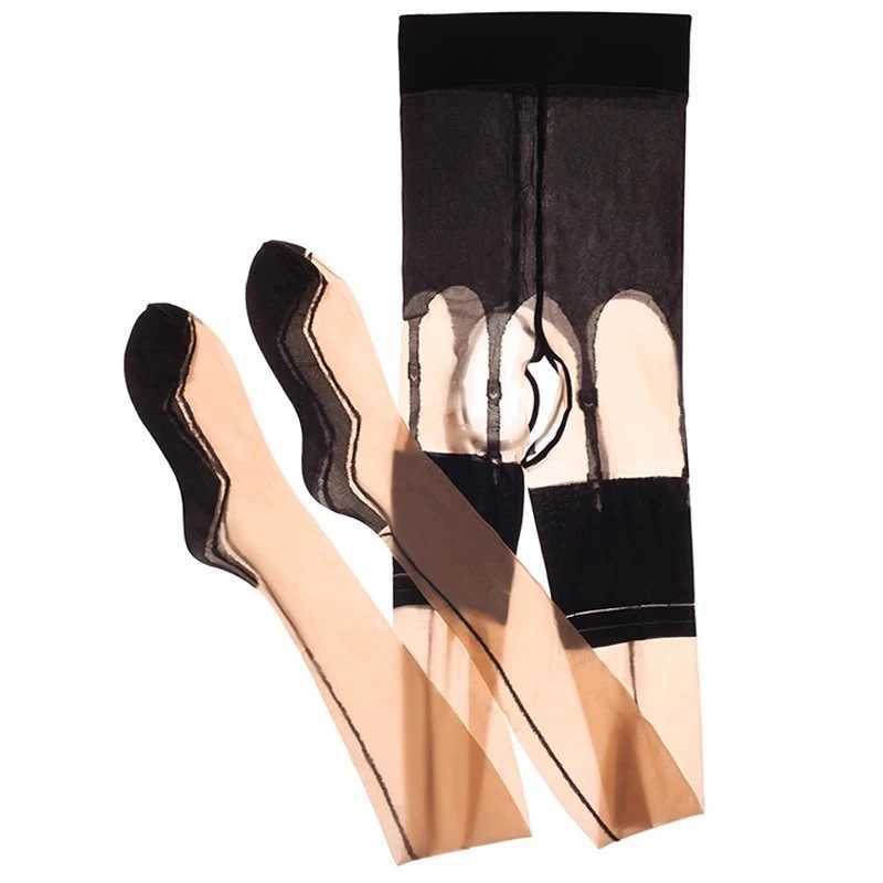 Sexy Socken 5d Öl glänzende kubanische Ferse Rücken Naht schlanker Strumpfhosen Frauen sexy offene Schritt Strumpfhose Simulation Strumpfband Gürtel mit Oberschenkel hohe Strümpfe 240416