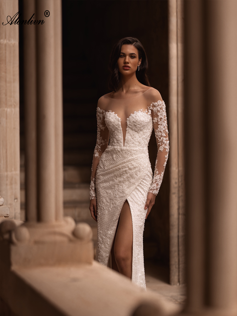 Romance perline in pizzo Sheer Neck 2 in 1 abito da sposa sirena con treno rimovibili Abiti da sposa a maniche piene con stampe floreali