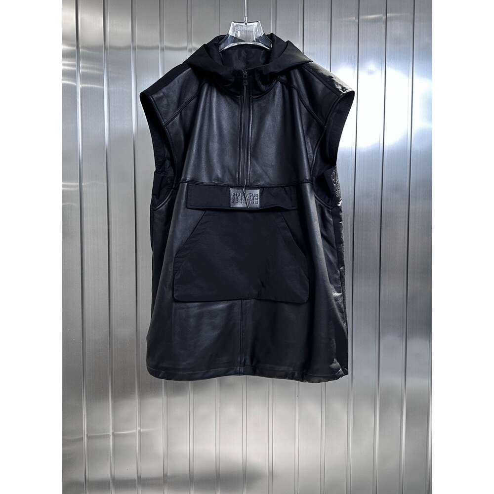Trendy merk 2023 herfst/winter nieuw product patchwork pu lederen capuchon vest jurk eenvoudige zwart veelzijdige koele en knappe stijl