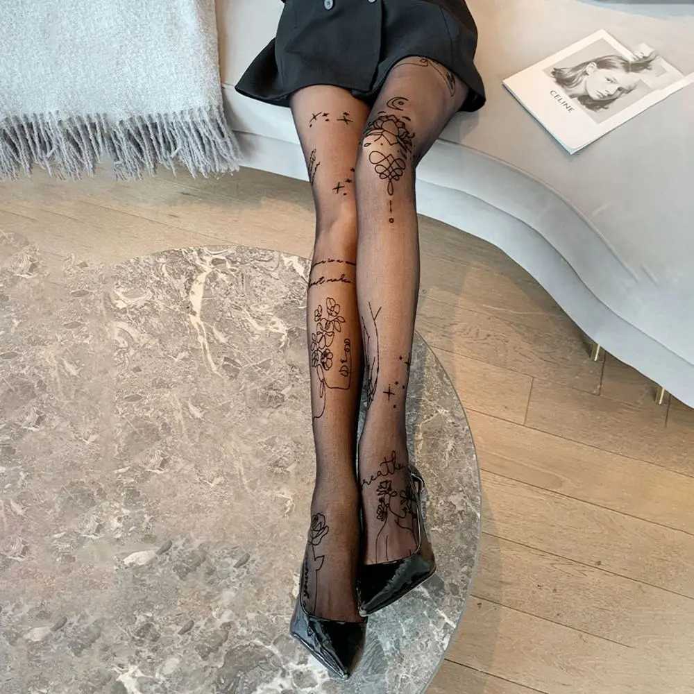 Sexy Socks Woman Sexy Tights Pantyhose Inscriptions Flower Letter Ruler Tattoos Tights Ladies Thin Long Black Nylon Stockings 240416