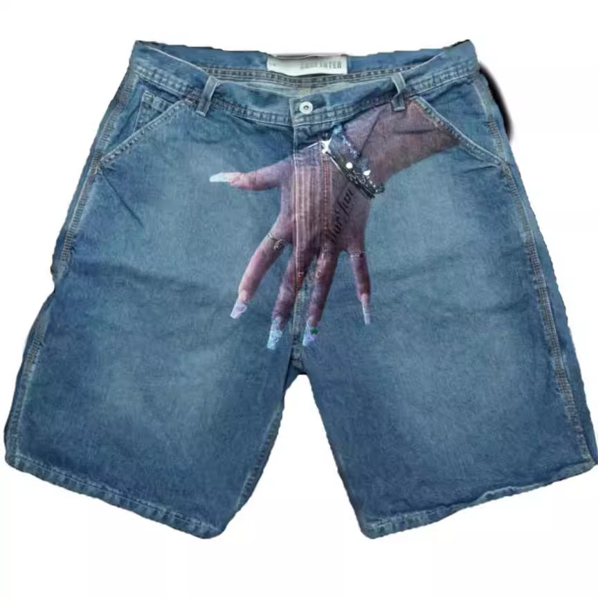 Summer Men's Jeans Short Blue Half Pants Mens Button Zipper Slim Fit Washed Funny One Hand Pattern Printed Denim Shorts Designer