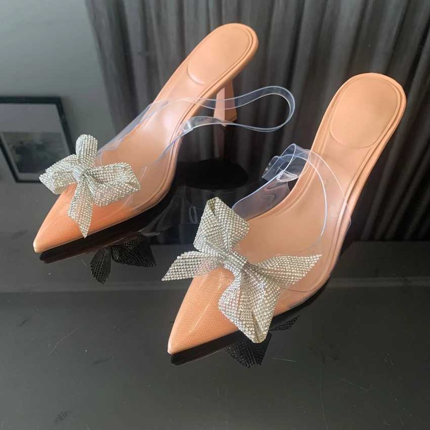 Slipare Transparent Womens High Heels 2024 Summer Dot Heel Sandals Fashion Bow Sling Pump Womens Slim High Heels J240416