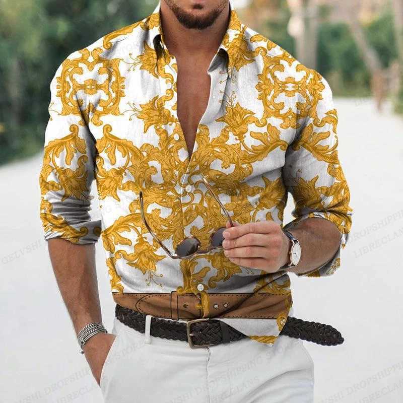 Men's Casual Shirts Golden Hawaii Men Fashion Shirt Luxury Floral Long Sleeve Beach Blouse European style Camisas Clothing Chain 24416