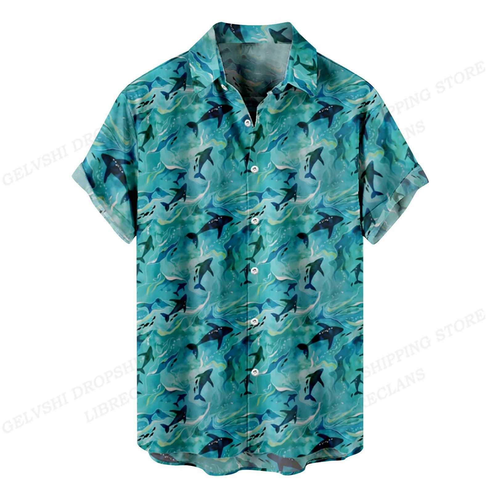 Men's Casual Shirts Summer Hawaiian Fish Printed Shirt Men Women Fashion Short Sleeve Blouse Mens Vocation Lapel Beach Camisas Sea 24416