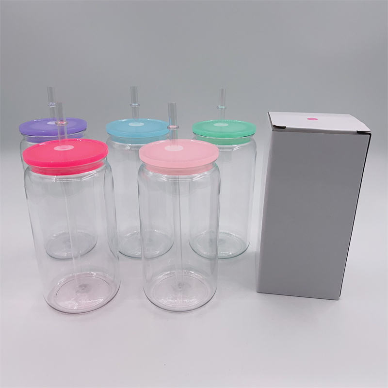 Unbreakablea 16oz Plastic Can Cups Acrylic Tumbler Reusable BPA Free Sippy Cup Drinking Cold Iced Juice Jar Beverage Mugs With Colored Lids & Straws For UV DTF Wraps