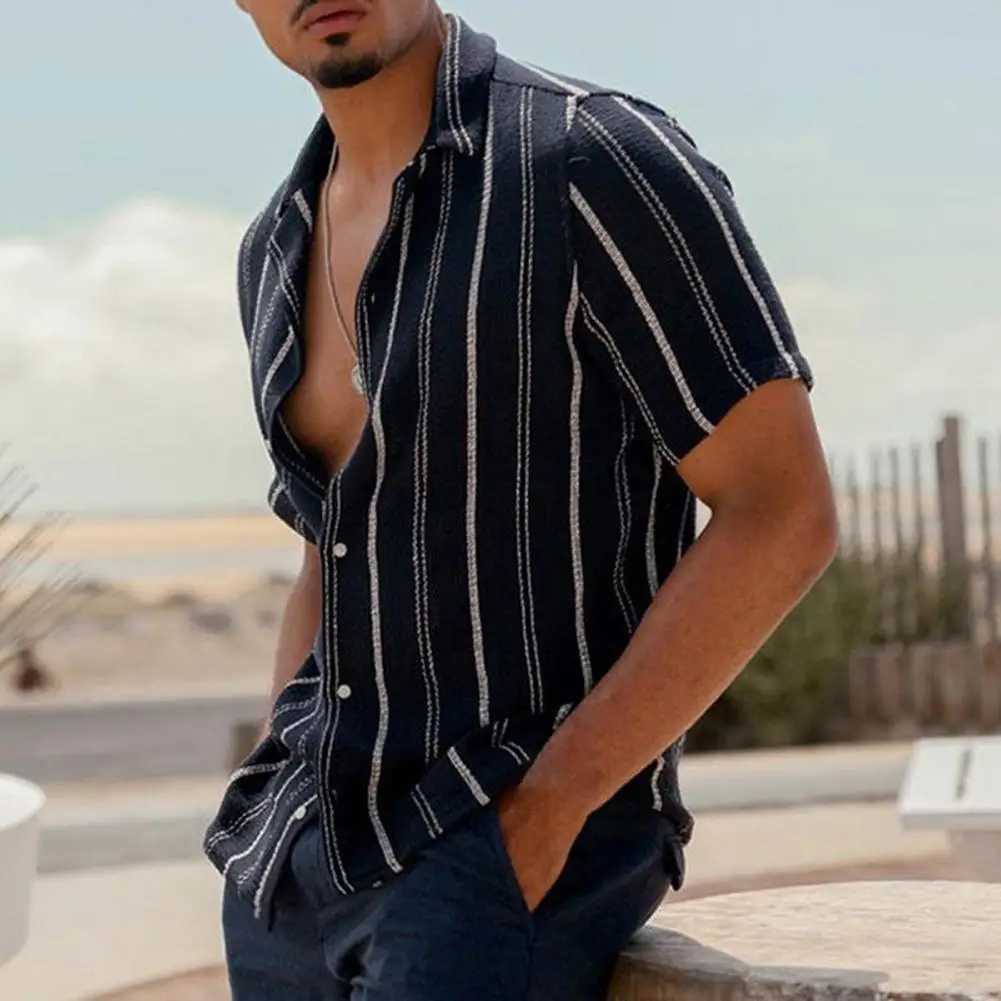 Chemises décontractées pour hommes chemises belles coups de bande Stripe revivre collier mono-ponts d'été t-shirts de plage de plage blouse blusas camisa masculina 24416