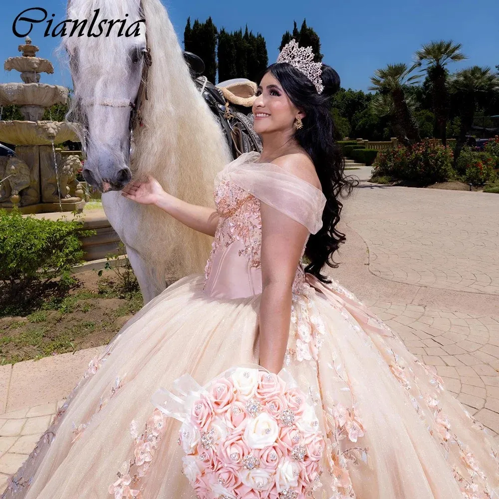 Champagne chérie perle perle en cristal robe quinceanera robes 3d fleurs appliques en dentelle corset vestidos de 15 anos