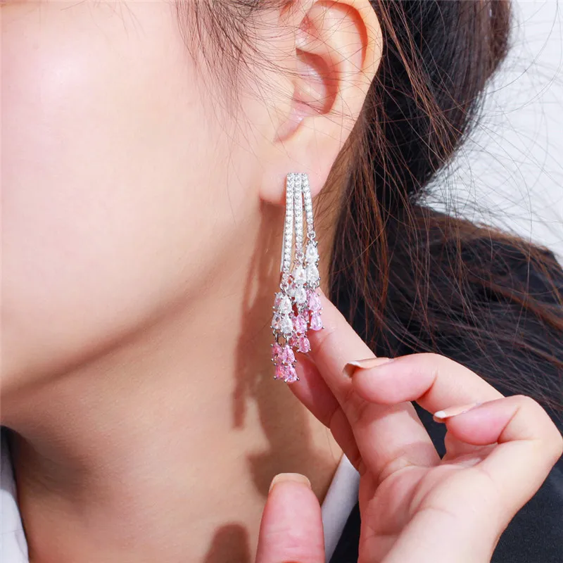 Charm Long Tassel Pink AAA Zirconia Cubic Earring Designer for Woman Party 925 Sterling Silver Post Diamond Earrings South American Wedding Engagement Jewelry