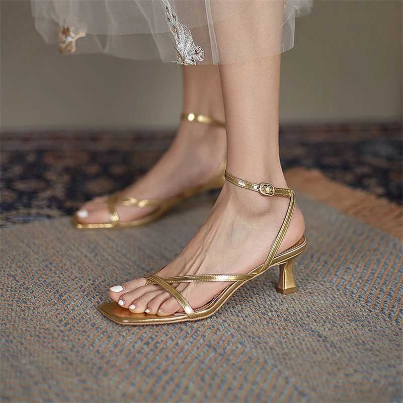 Sandalen Meotina Sandalen Damen echte Leder Sandalen schmale Band High Heels Quadratische Dünne High Heels Damenschuhe Sommer 43 J240416