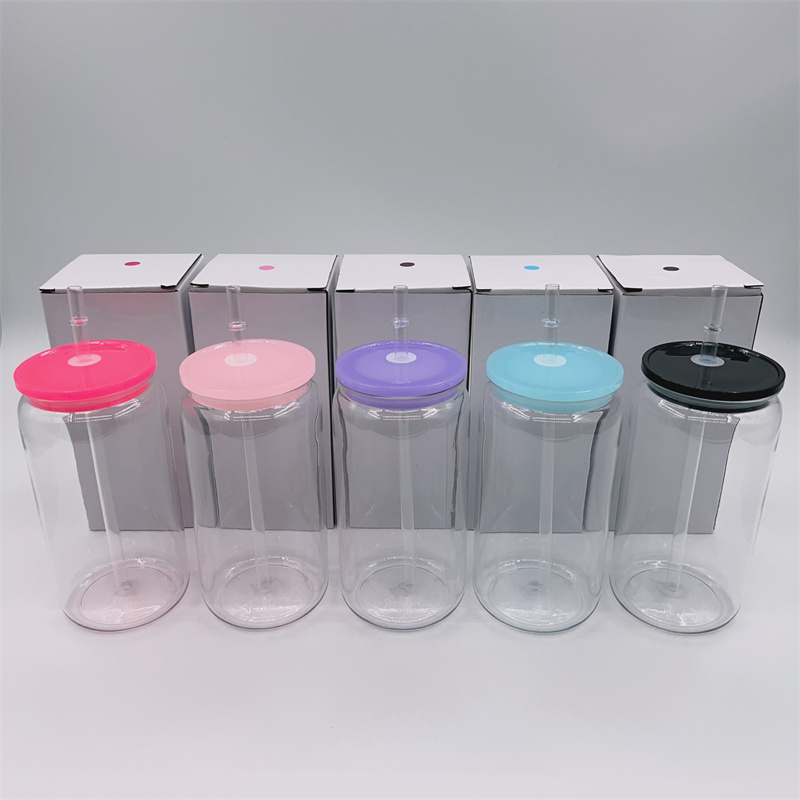 Unbreakablea 16oz Clear Plastic Can Cups Acrylic Tumbler återanvändbar BPA Free Mason Sippy Cup Drinking Cold Juice Jar Beverage Mugs med färgade lock för UV DTF -omslag