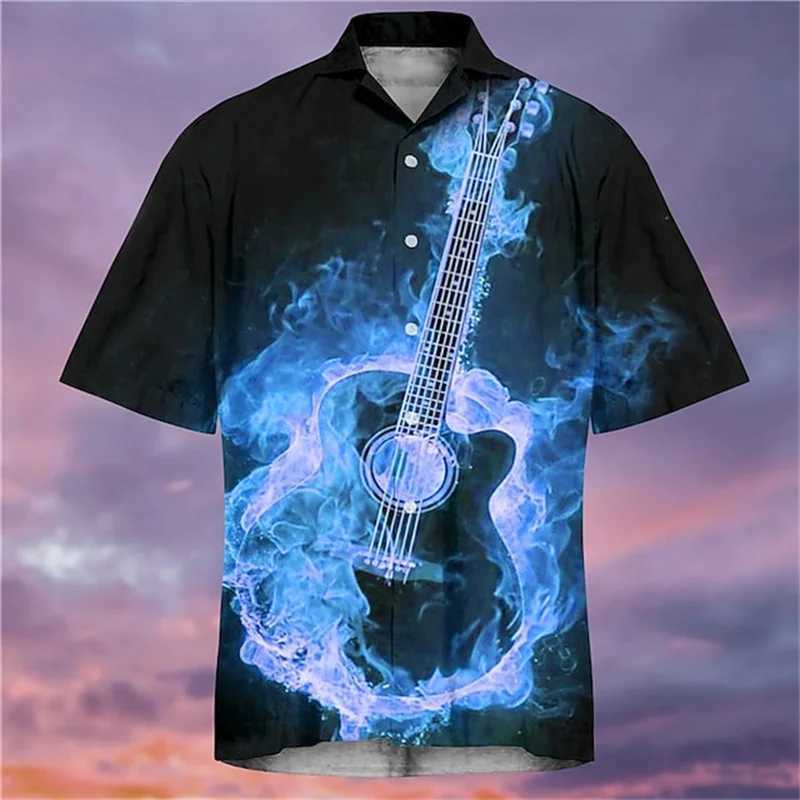 Camisas casuais masculinas Moda masculina Hawaiian Cirche Música Padrão de guitarra curta Manga curta Cuba Collar Leisure Seaside Summer Holiday 240416