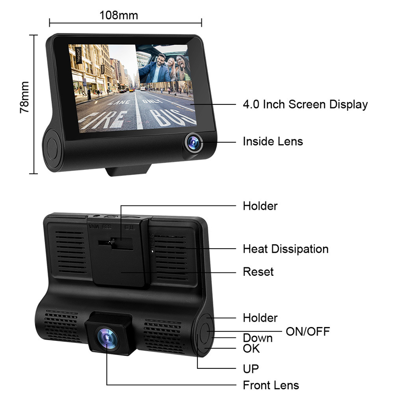 C2 Driving Recorder Car DVR HD 1080P 3 Lens 4 inch 170 Degree Rear View Parking Surveillance Camera Automatic Video Motion Detection