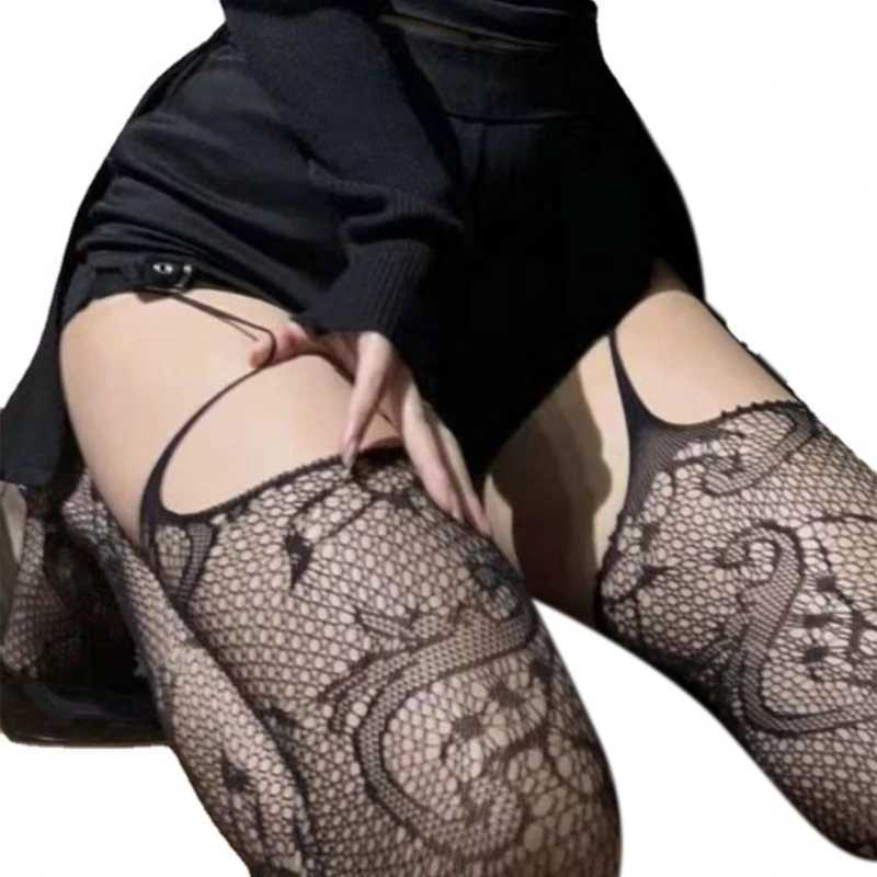 Sexy sokken vrouwen doorzien door viskus panty panter panty panties bloemen jacquard patroon sexy holle out mesh dij hoge kousen 240416