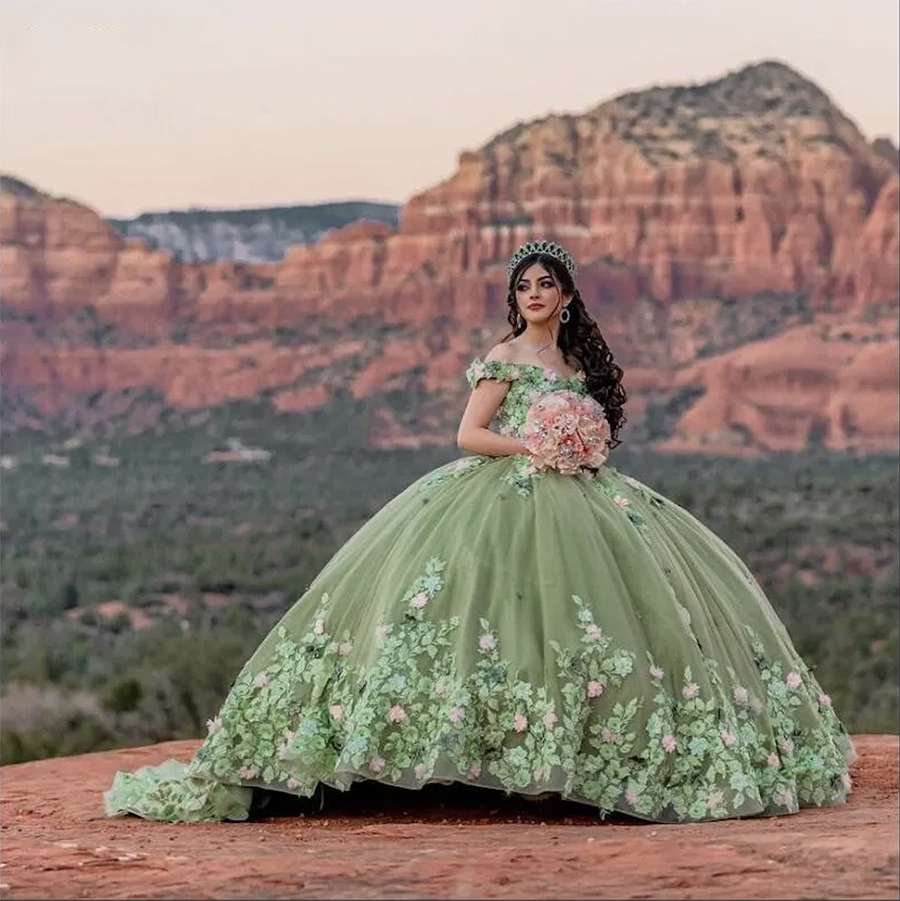 2024 Скромные шалфейные зеленые платья Quinceanera Розовые 3D цветы