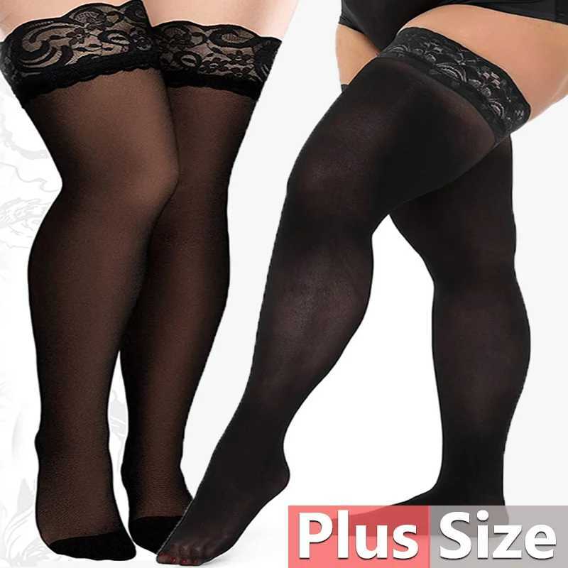 Sexy Socken Frauen sexy Oberschenkel lange Socken Plus Größe Strümpfe Schwarz weißer Spitzenoberteil über Knie hohe elastische Strümpfe mit Silikon-Anti-Rutsch 240416