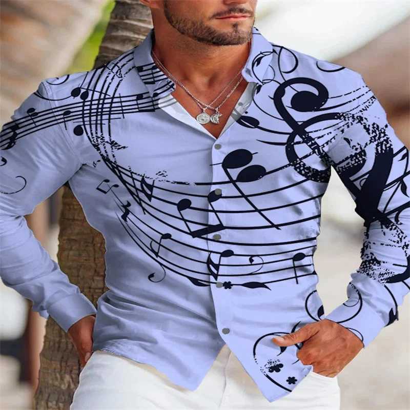 Camisas casuais masculinas 2024 New Mens Creative Music Fashion Luxury HD Collar Gráfico de Lapel de capa longa Designer de camisa Design Nota 240416